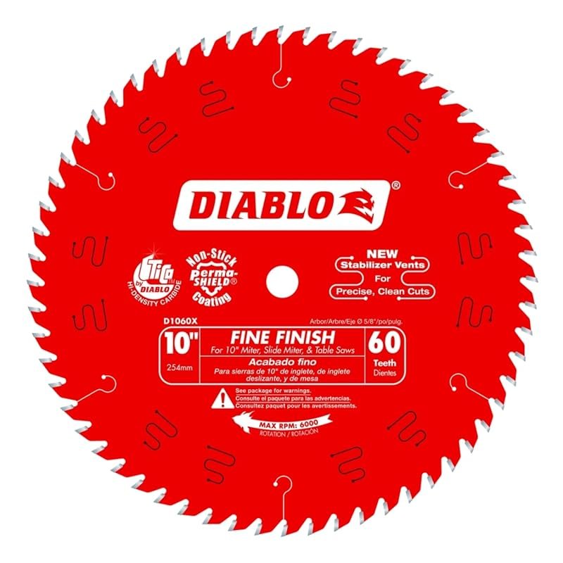 Diablo 10" 60T fine finish saw blade for wood, ultra-smooth cuts, .098