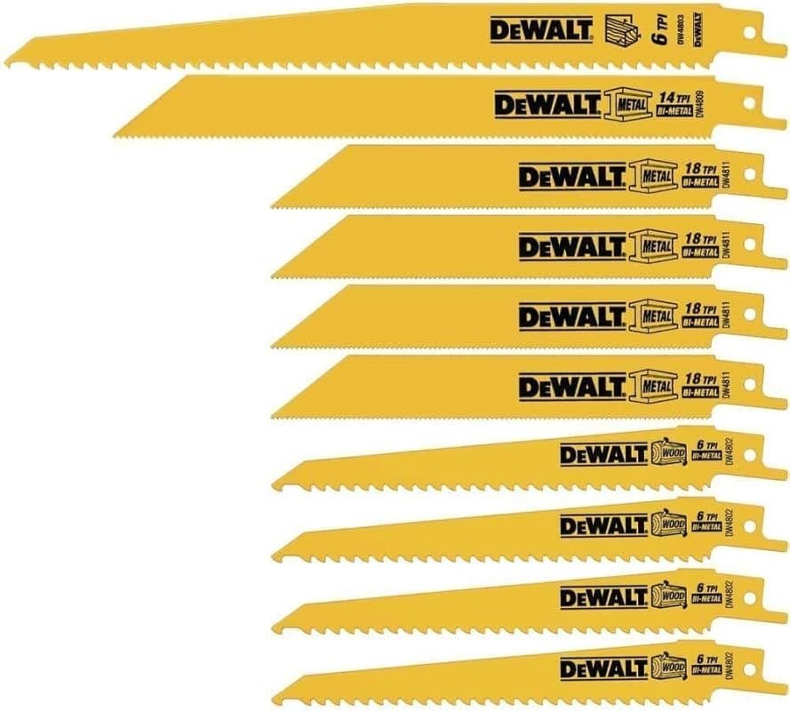 DEWALT 10-Piece Reciprocating Saw Blade Set, Assorted Sizes for Wood a