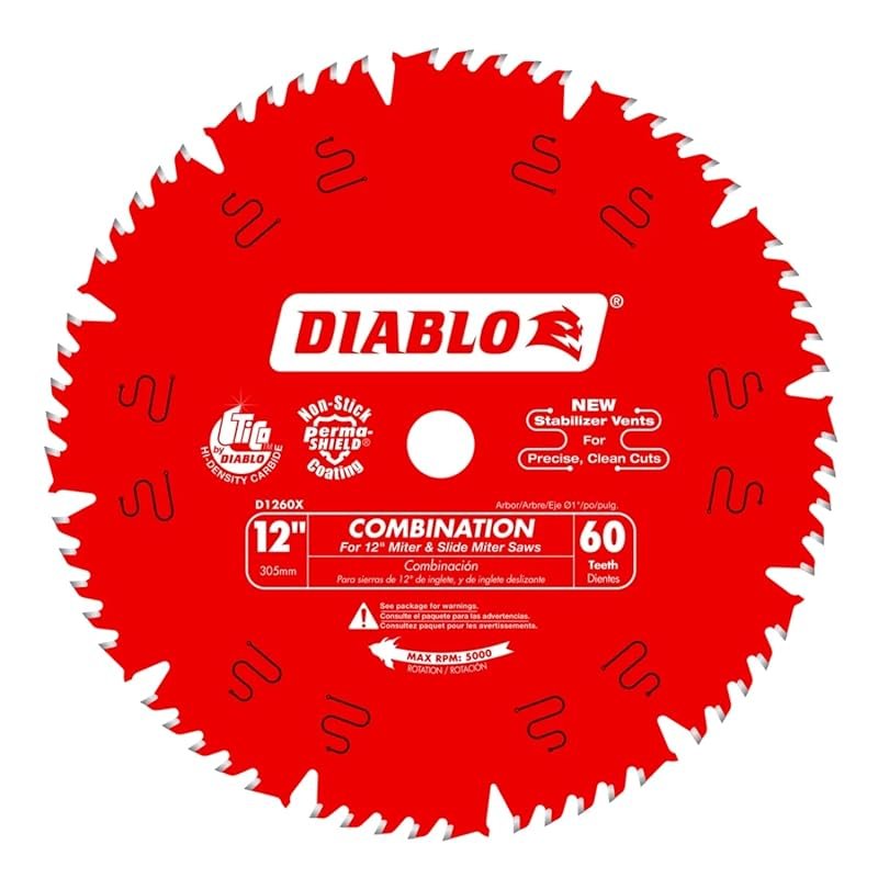 Diablo D1260X 12-Inch 60-Tooth Combination Saw Blade for Wood, 1-Inch 