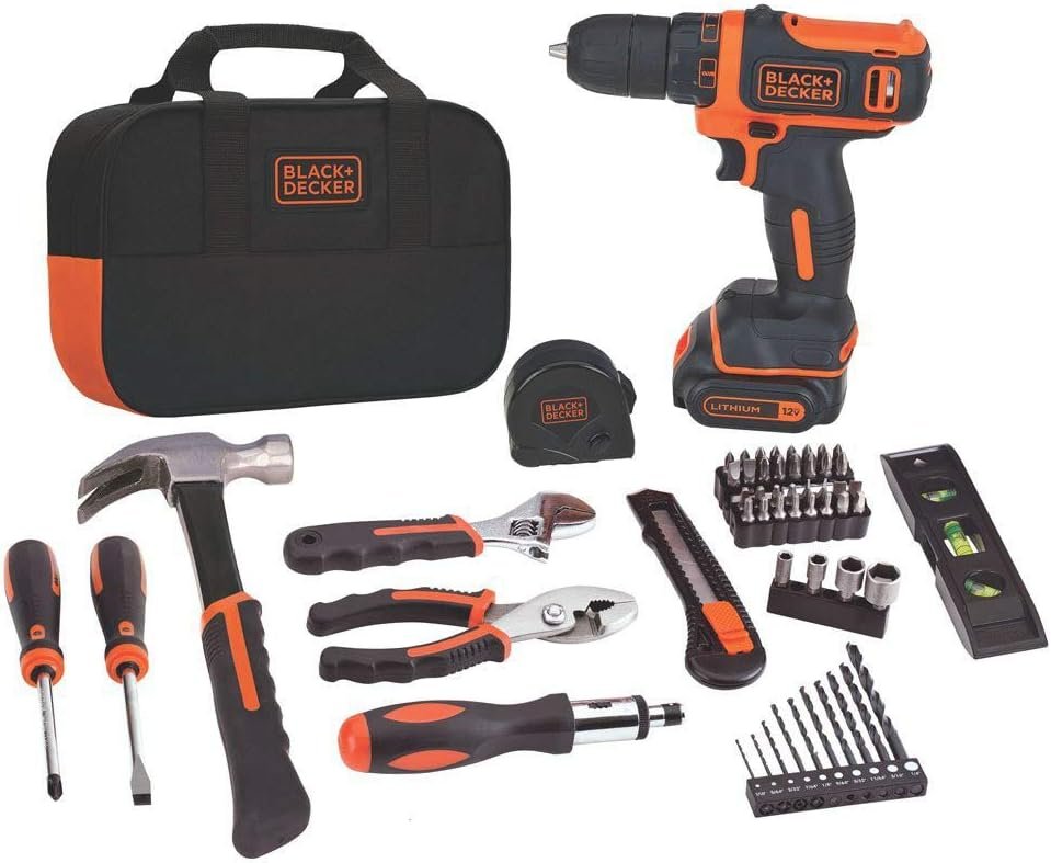 BLACK+DECKER 12V MAX 60-Piece Drill and Home Tool Kit, Model BDCDD12PK