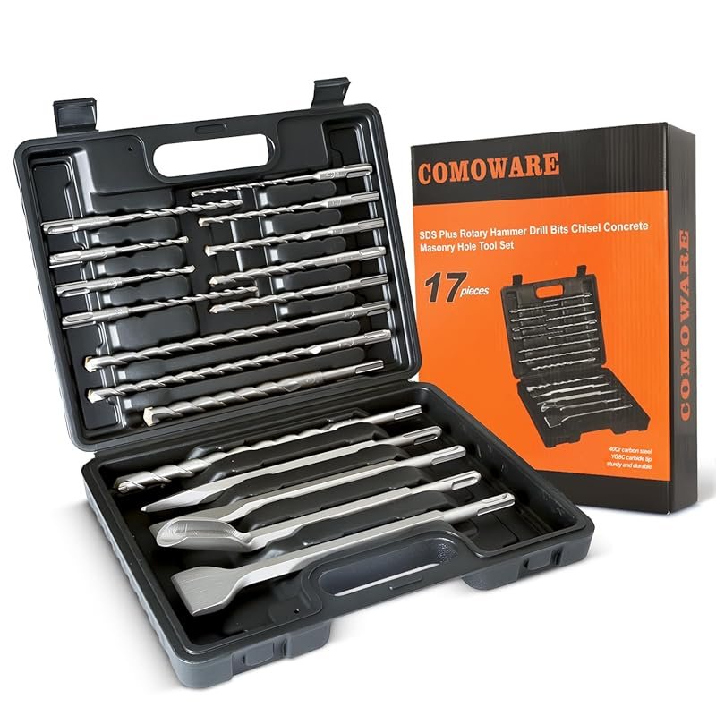 COMOWARE 17-Piece SDS Plus Rotary Hammer Drill Bit and Chisel Set for