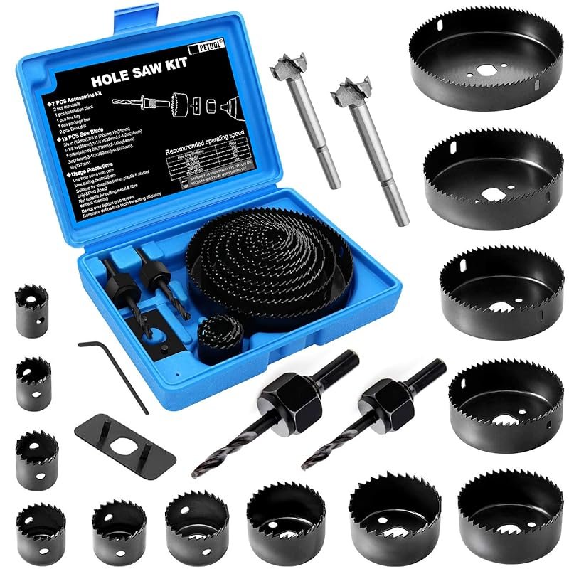 22-piece hole saw kit, 3/4"-5" blades, mandrels, drill bits, hex key, 
