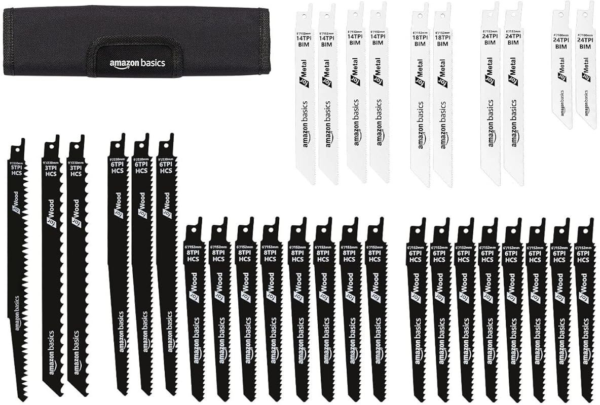 Amazon Basics 32-Piece Reciprocating Saw Blade Set, Chromium Vanadium 