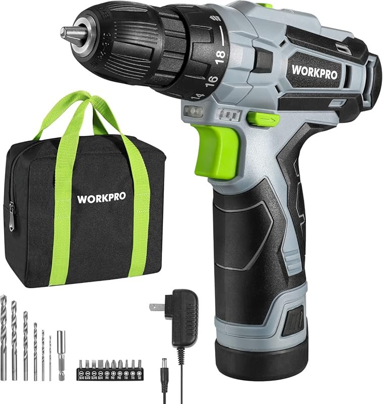 WORKPRO 12V Cordless Drill Driver Kit with Keyless Chuck, Charger, and