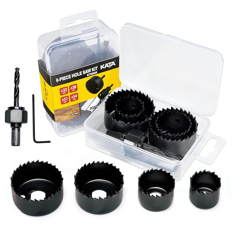 KATA 6-piece hole saw kit, 1-1/4"-2-1/8", mandrels, hex key, storage c