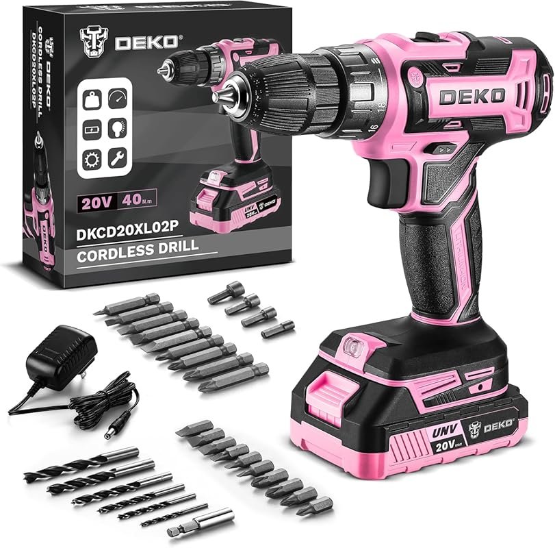 DEKOPRO 20V Pink Cordless Drill Set for Women with Battery and Charger