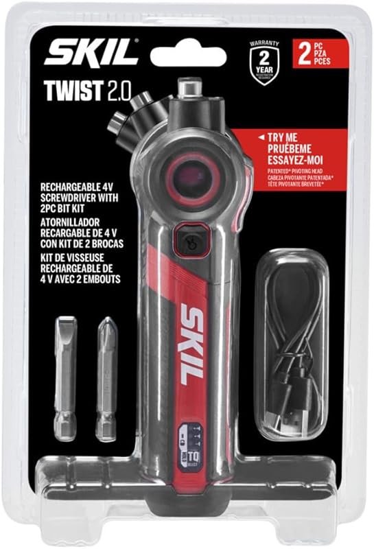 SKIL Twist 2.0 Rechargeable 4V Screwdriver with Pivoting Head, USB-C Charging, and 2 Bit Set