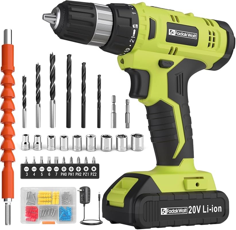 FADAKWALT 20V Cordless Drill Set with 21+1 Torque Settings, Battery, C