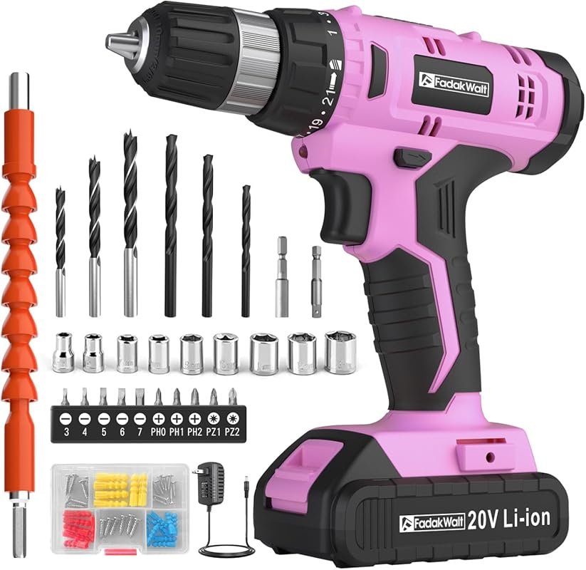 FADAKWALT Pink 20V Cordless Drill with Battery, Charger, 30N Torque, 2