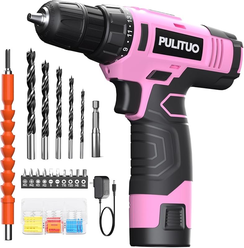 PULITUO 12V Pink Cordless Drill Set with Battery, Charger, Keyless Chu