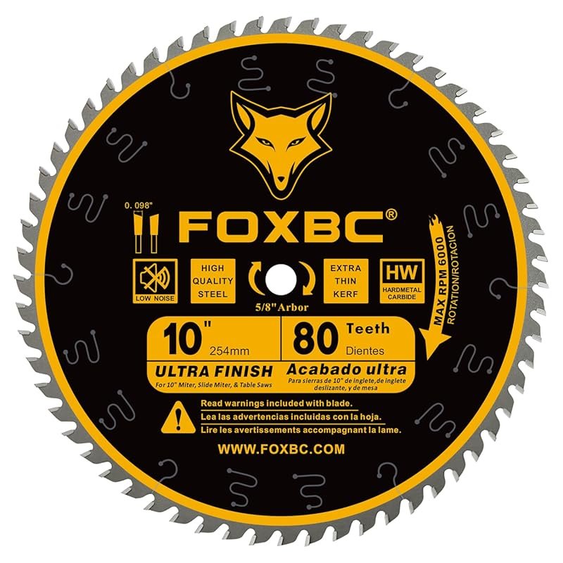 FOXBC 10-Inch 80-Tooth Table Saw Blade, Ultra-Finish Wood Cutting, 5/8