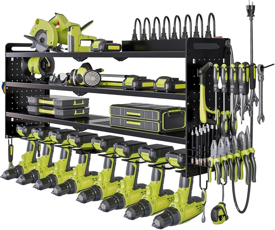 Wall Mount Power Tool Organizer with Charging Station, 8 Drill Holder 