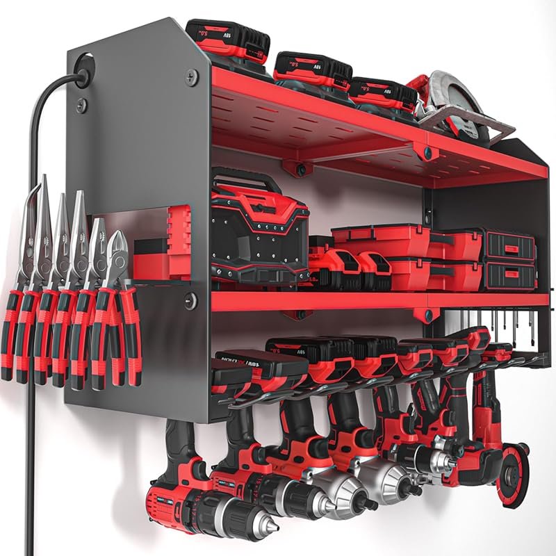 YYR Red Power Tool Organizer Wall Mount with Charging Station, Surge P