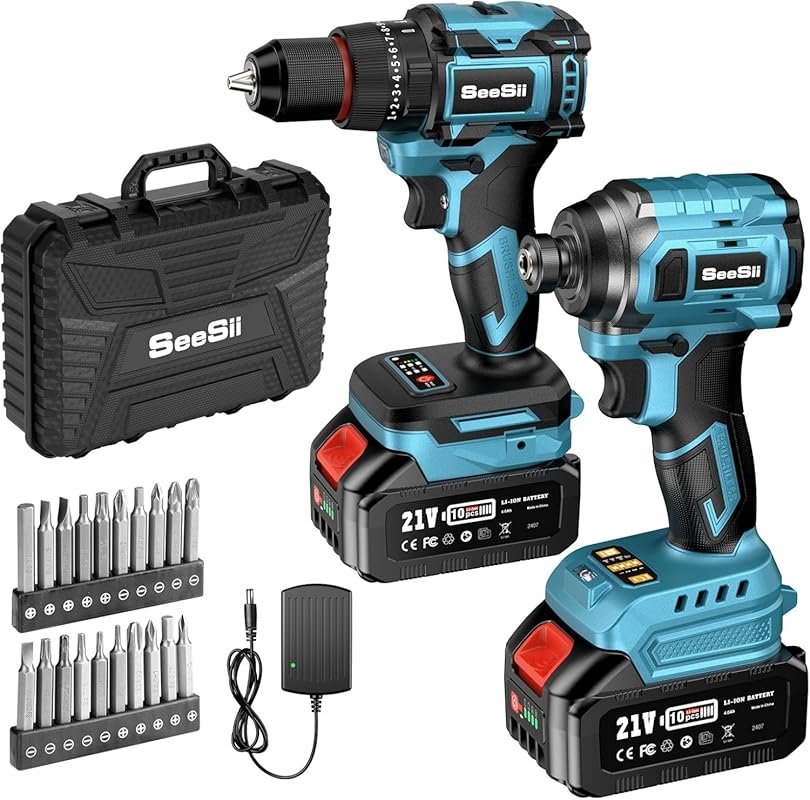 SEESII 21V Max Cordless Drill and Impact Driver Combo with 2 Batteries