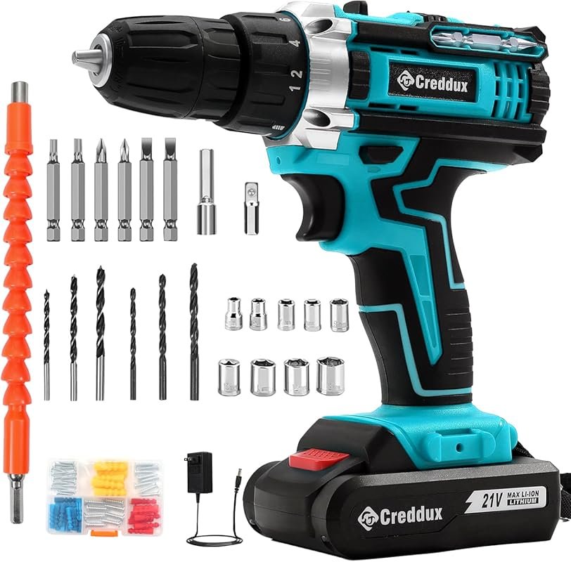 21V Cordless Drill Set with Battery, Charger, 84pc Bits, Variable Spee