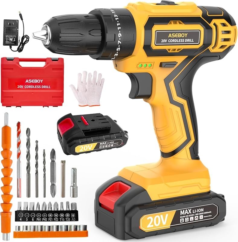 20V Cordless Drill with Battery and Charger, 3/8" Keyless Chuck, and 2