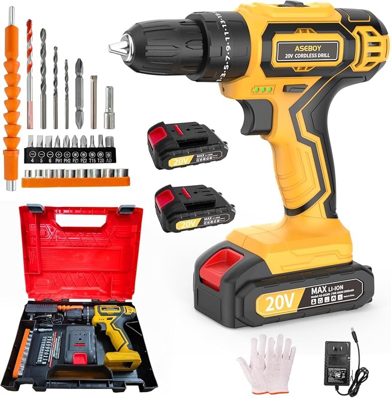 20V Cordless Drill with Battery, Charger, 3/8" Keyless Chuck, 25+3 Tor