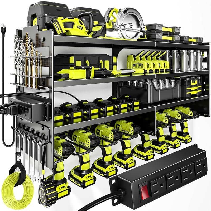 Large 4-Layer Heavy Duty Power Tool Organizer Wall Mount with Charging