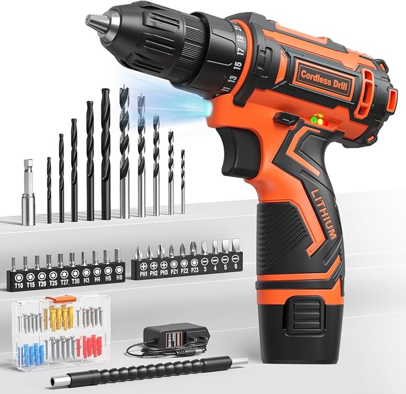 12V Cordless Drill Set: 3/8-Inch Keyless Chuck with 92 Accessories, LE