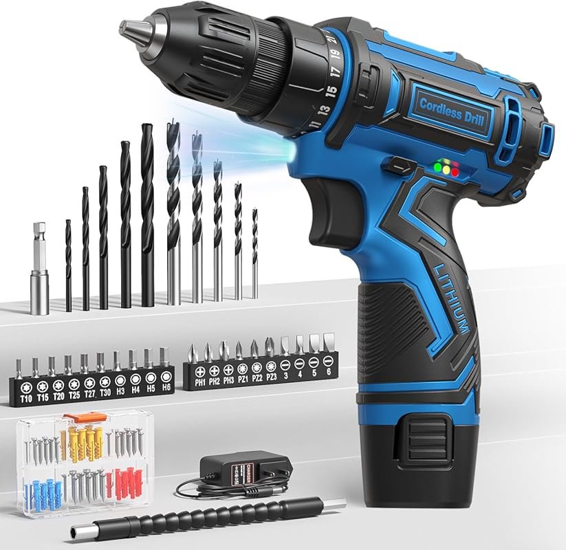 12V Cordless Drill Set with 92 Accessories, Built-in LED Light, and 25