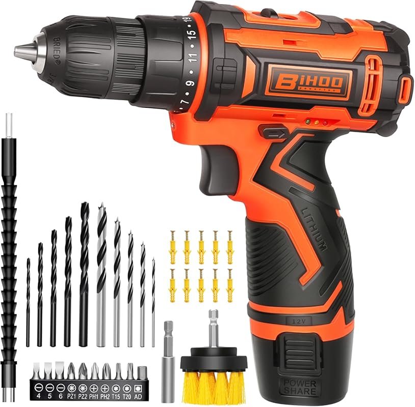 12V Cordless Drill Kit with 3/8-Inch Keyless Chuck, 2 Speeds, 43 Drill