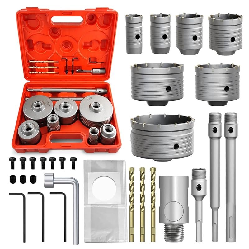 22PCS Concrete Hole Saw Kit, 30/40/50/65/80/100/110mm, Alloy Steel, Silver, Industrial