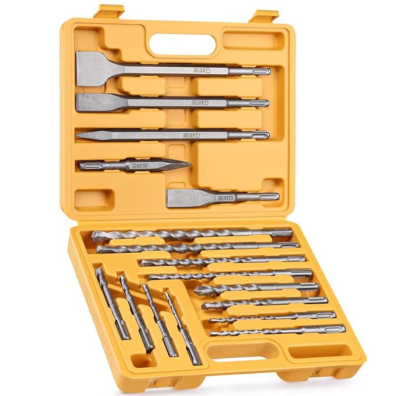 17-Piece SDS Plus Rotary Hammer Drill Bits and Chisel Set, YG8C Carbide Tips