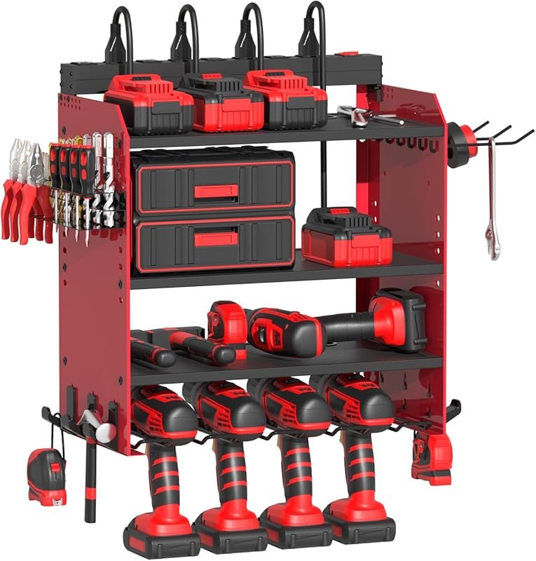 Wall Mount Power Tool Organizer with Charging Station, 4 Drill Storage