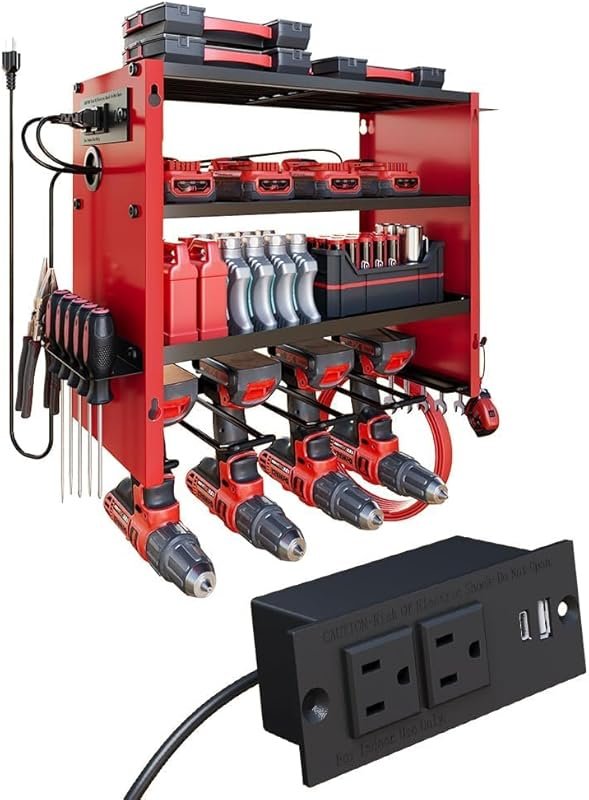 4 Layer Power Tool Organizer Wall Mount with Power Strip, 400lbs Capac