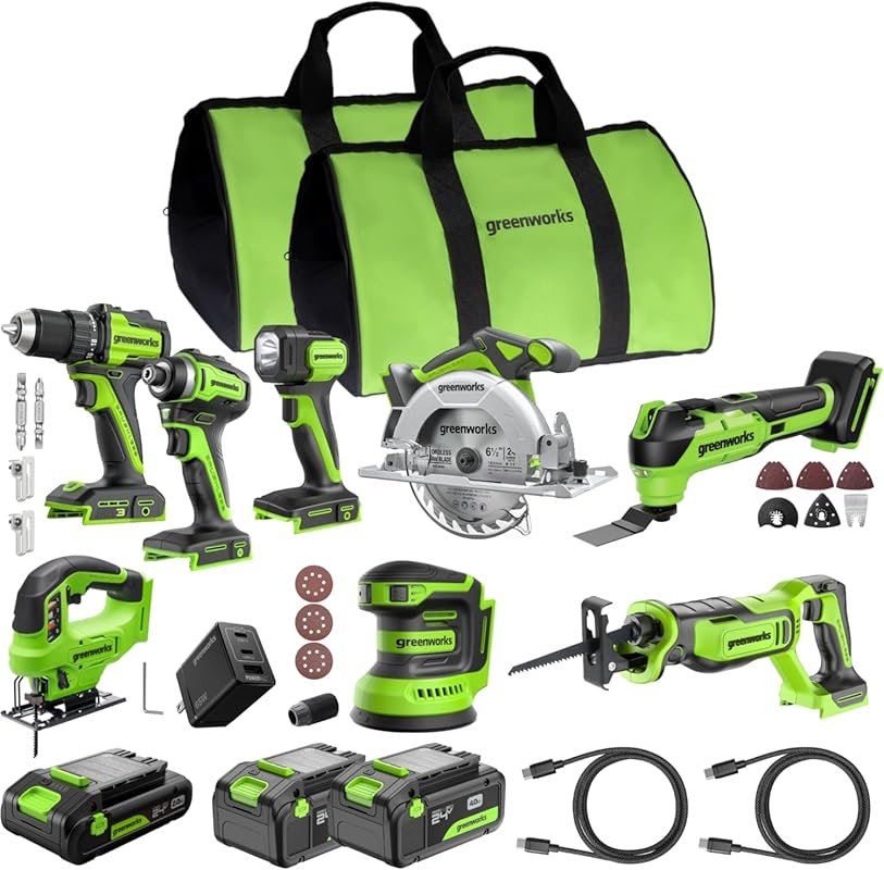 GREENWORKS 24V Cordless 8-Tool Combo Kit with Multiple Batteries, Cabl