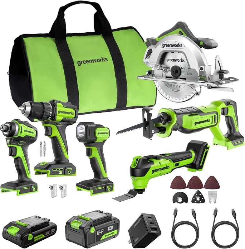 GREENWORKS 24V 6-Tool Combo Kit with Drill, Impact Driver, and Batteri