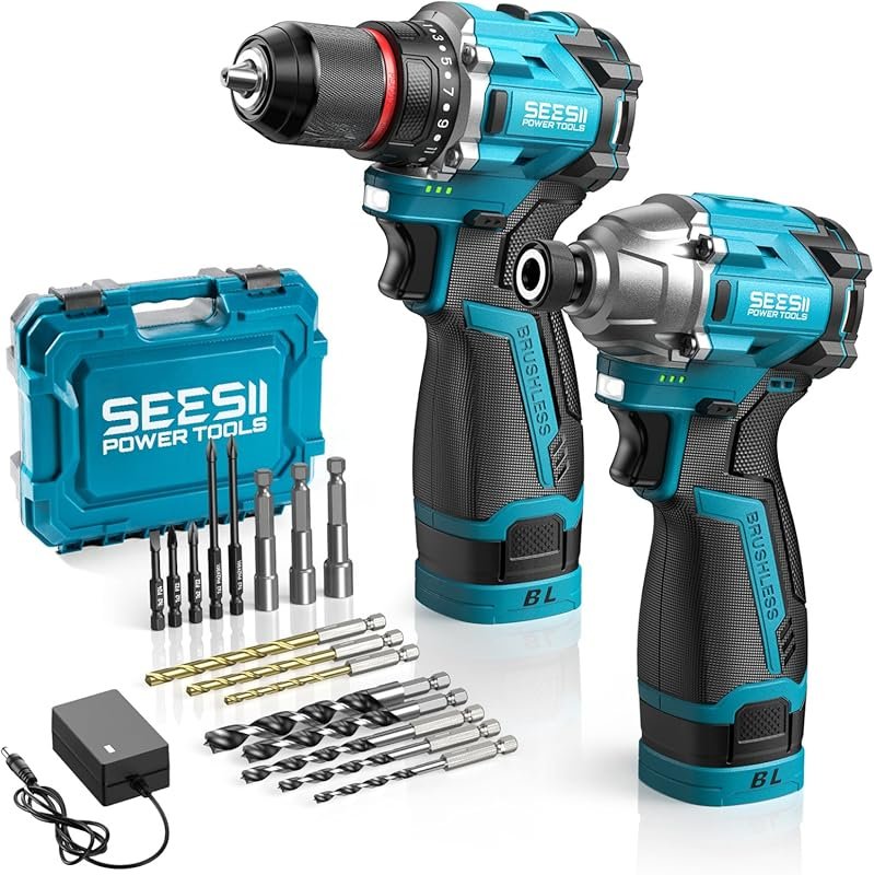 SEESII 16.8V Cordless Drill and Impact Driver Combo Kit with 2 Batteri