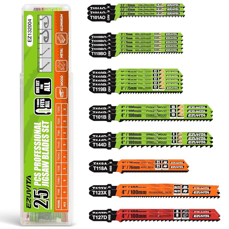 25-Piece T-Shank Jigsaw Blades Set with Storage Case, CR-V & HSS for W