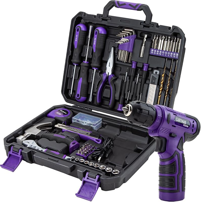 CARTMAN 150-Piece 8V Purple Cordless Drill Set, Home Tool Kit for DIY 