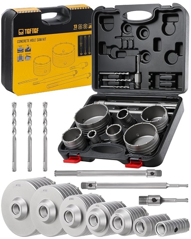13PCS Concrete Hole Saw Kit, 30/40/50/65/80/100/110mm Tungsten Carbide