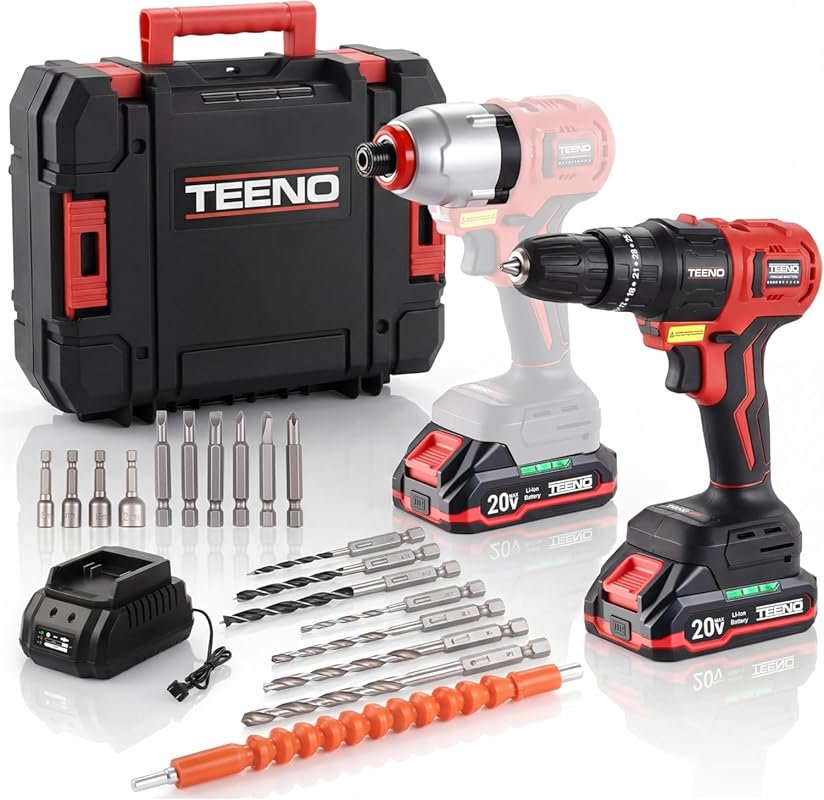 TEENO 20V Cordless Drill & Impact Driver Combo Kit with 2x 1.5Ah Batte