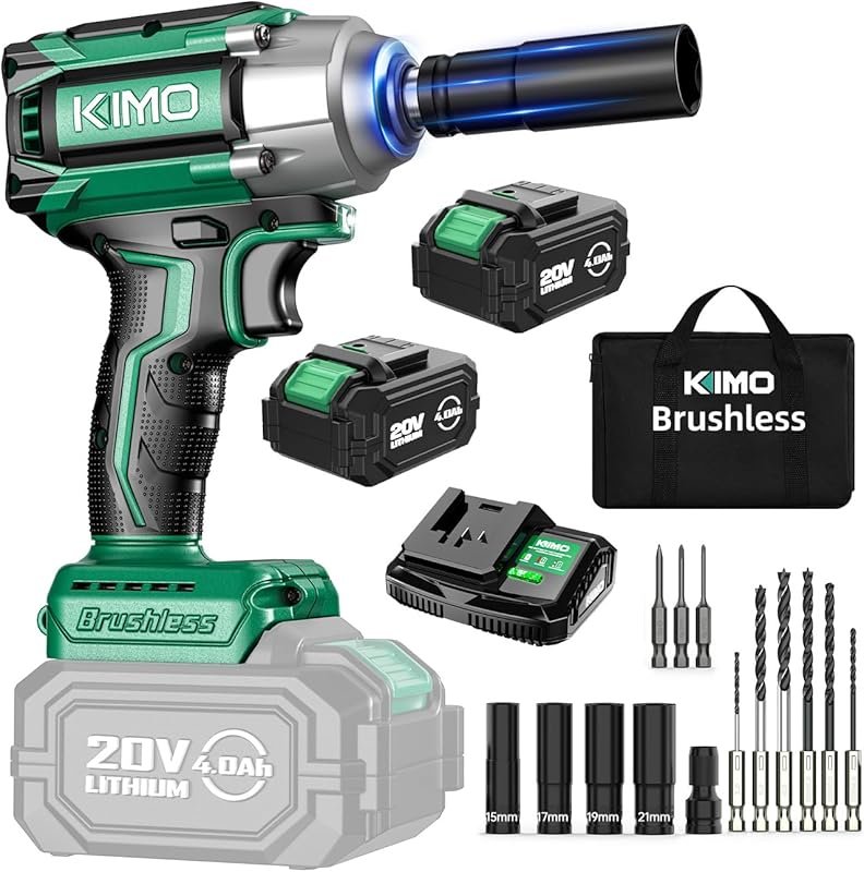 KIMO 1/2 Cordless Impact Wrench with 1200N.m Torque, 9-Piece Set, and 