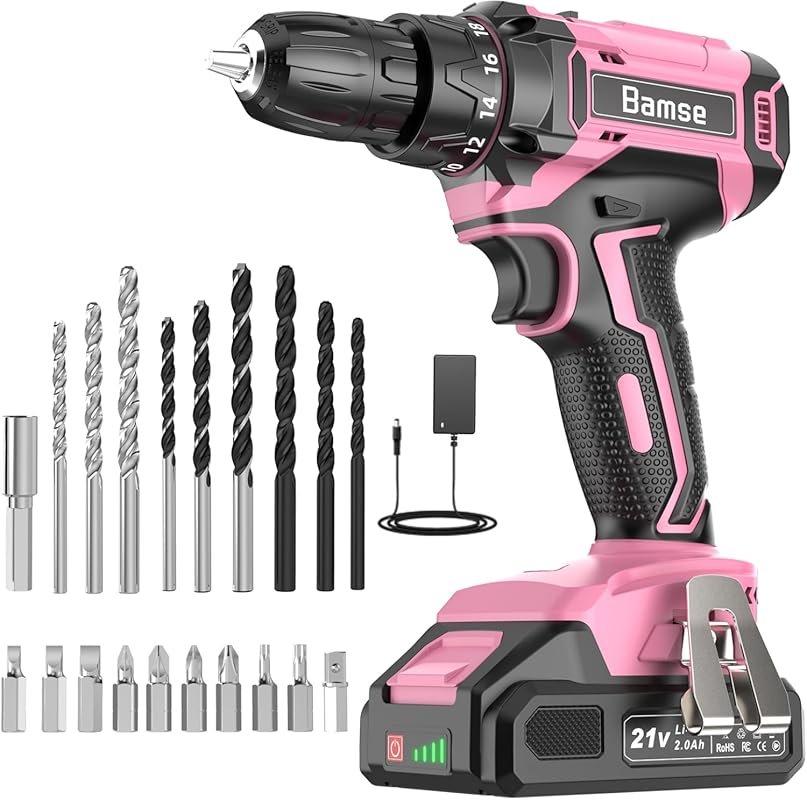 Pink 21V Cordless Drill for Women with 2.0Ah Battery, 3/8-Inch Chuck, 