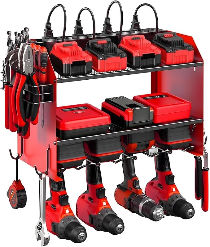 Heavy Duty 3-Layer Power Tool Organizer Wall Mount with Charging Stati