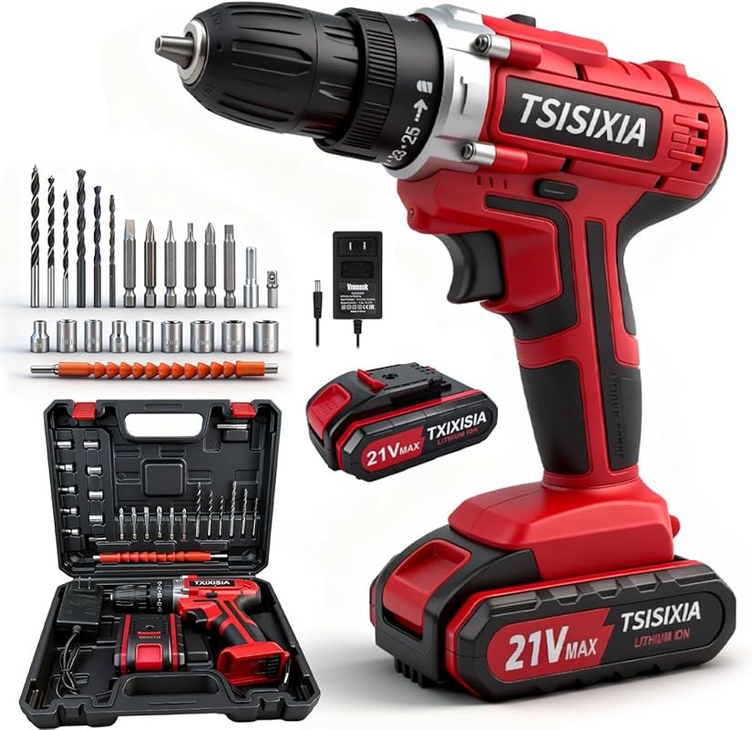 21V Cordless Drill Set with Battery, Charger, Brushless Motor, Variabl
