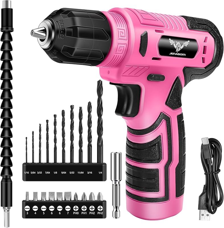 8V Pink Cordless Drill for Women with Keyless Chuck, LED Light, Type-C