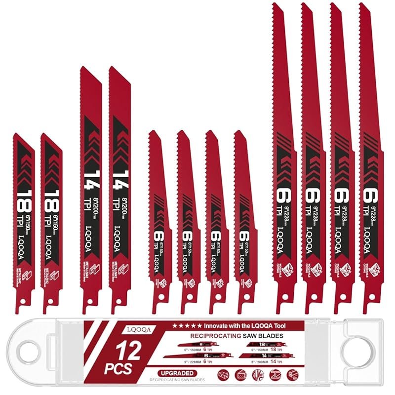 12-Piece Bi-Metal Reciprocating Saw Blade Set for Wood and Metal Cutti