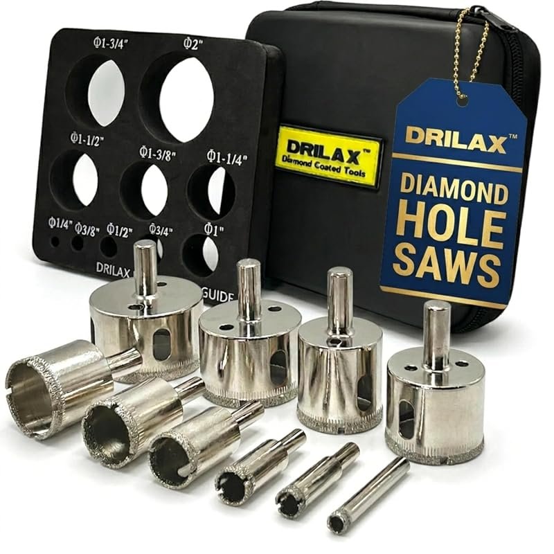 Drilax 10-Piece Diamond Hole Saw Kit for Tile, Glass, and Stone with G