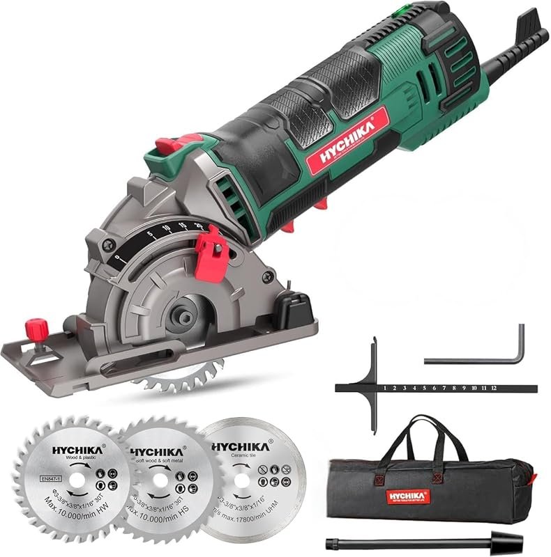 HYCHIKA Mini Circular Saw, 4A Compact 4500RPM Tool with 3 Blades and S