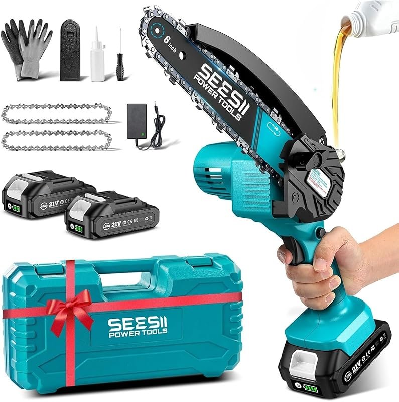 SEESII 6-Inch Cordless Mini Chainsaw with Oiler, Replacement Chain, an