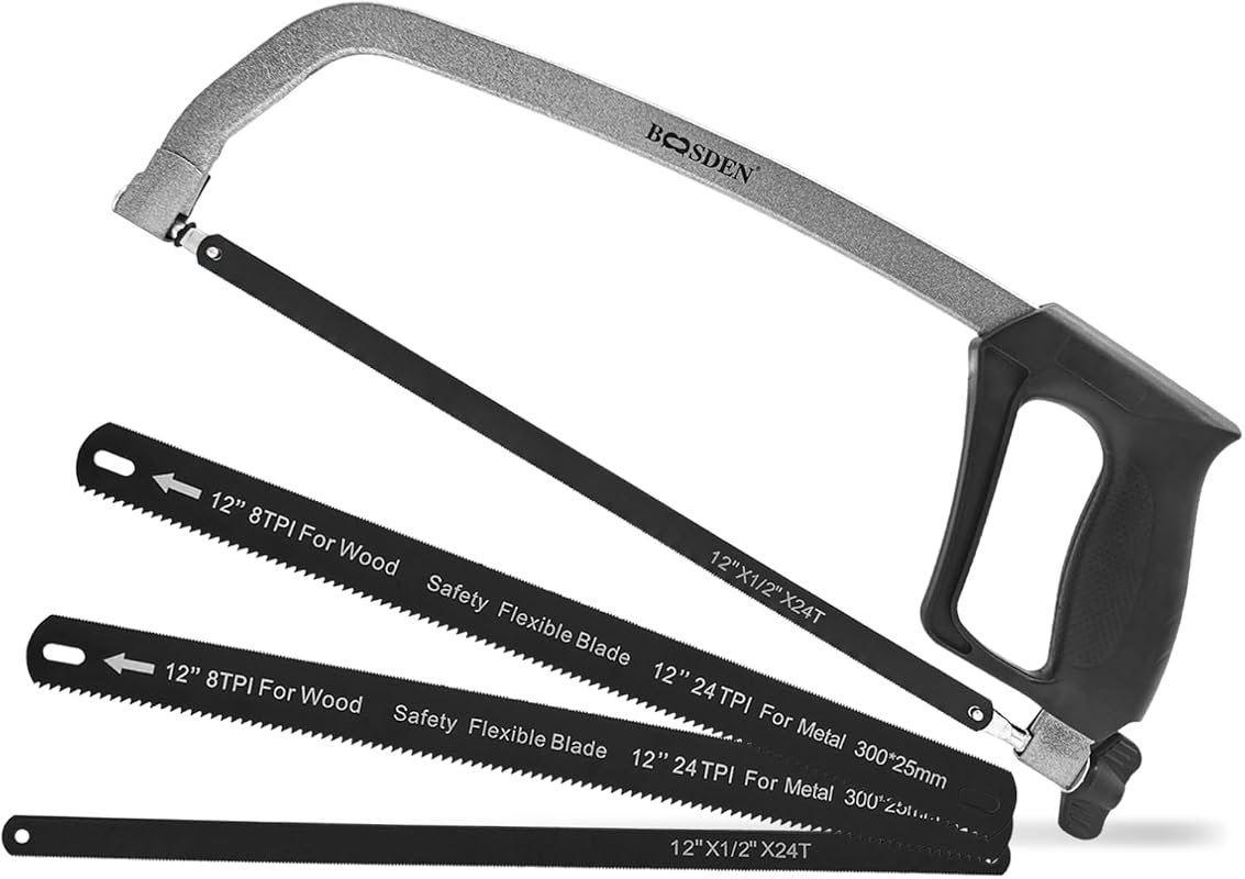 BOOSDEN Adjustable Hacksaw Frame Set with 4 Blades for Cutting Metal, 