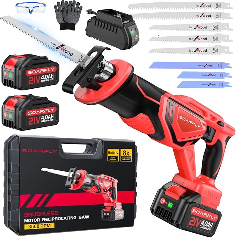 Cordless Reciprocating Saw, 21V Brushless, 3500 SPM, 2 Batteries, 8 Bl