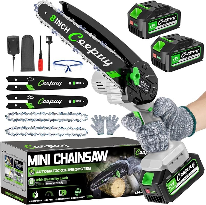 8-Inch Cordless Mini Chainsaw with 2 Batteries and Auto Oiler
