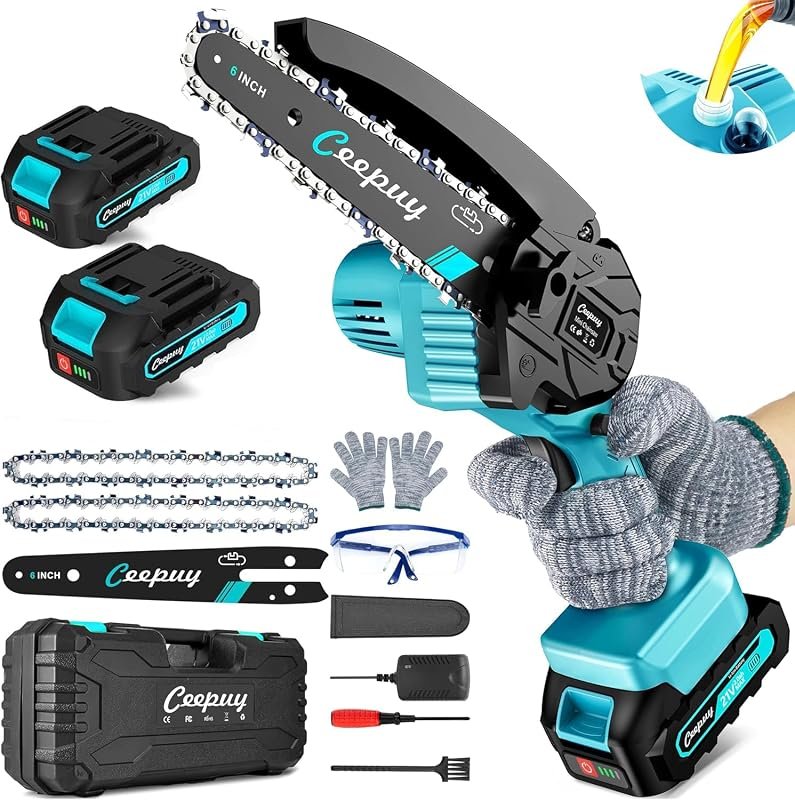 CEEPUY 6-Inch Cordless Mini Chainsaw with Automatic Oiler, 2 Batteries