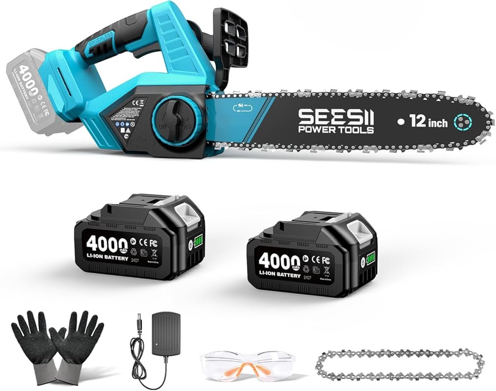 SEESII 12-Inch Cordless Electric Chainsaw, 2x4.0Ah Battery, Tool-Free 